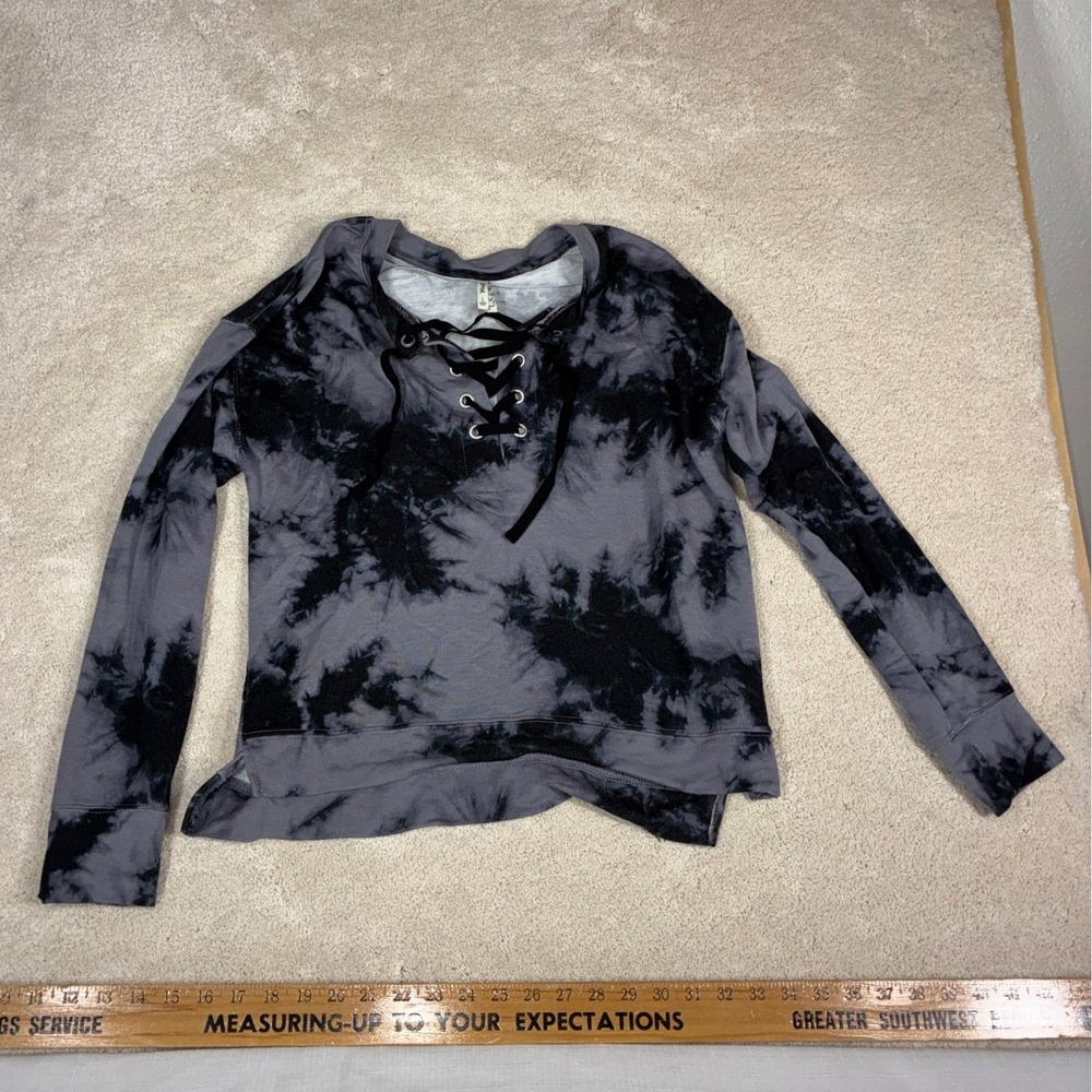 Mudd Womens Large Tie Dye Lace Up V-Neck Sweatshirt Black Grey Long Sleeve Top
